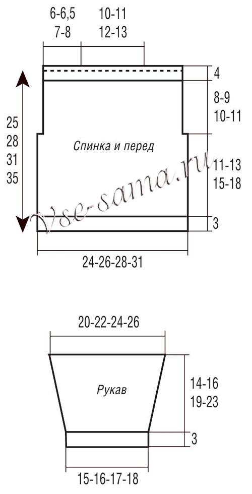 Выкройка для вязания джемпера с косами Выкройка для вязания джемпера с косами