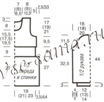 Пуловер с косами по линии талии, выкройка