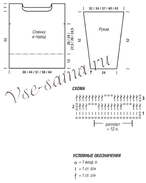 Схема и выкройка для вязания пуловера крючком Схема и выкройка для вязания пуловера крючком