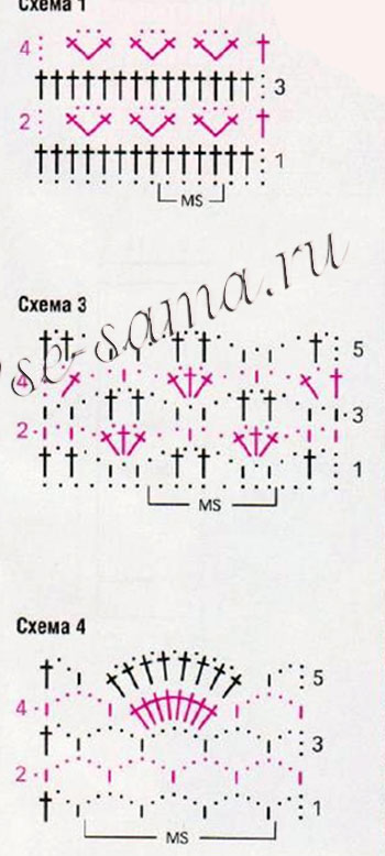 Длинный топ крючком, схемы 1, 3, 4