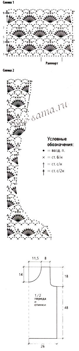 Схемы и выкройка для вязания топа с узором «ракушки»