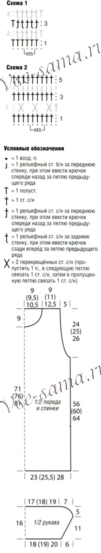 Розовый пуловер крючком, схемы