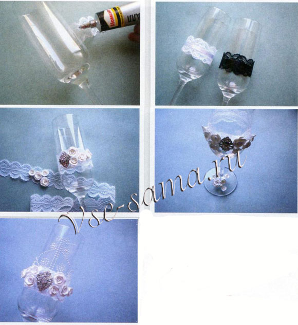 Украшение свадебных бокалов Гармония, процесс украшения