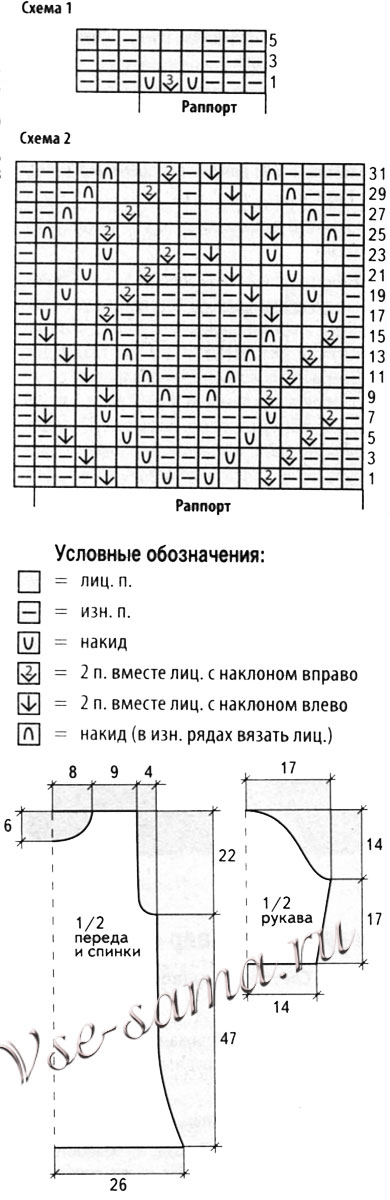 Схемы и выкройка для вязания пуловера Схемы и выкройка для вязания пуловера