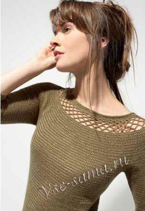 Серо-зелёный пуловер на круглой кокетке, фото Серо-зелёный пуловер на круглой кокетке, фото