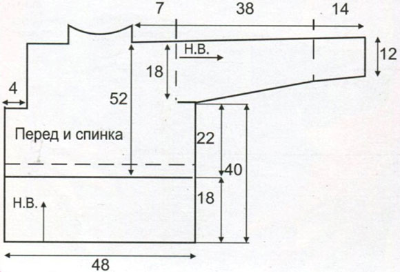 Выкройка и схема для вязания темно-зеленой кофточки спицами Выкройка и схема для вязания темно-зеленой кофточки спицами