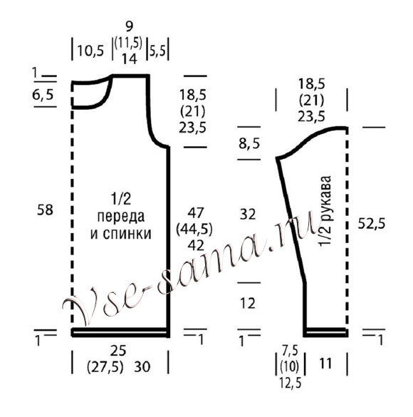 Выкройка и схема для вязания пуловера из двухцветного патентного узора Выкройка и схема для вязания пуловера из двухцветного патентного узора