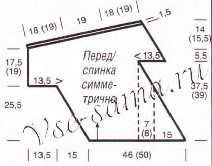 Асимметричный пуловер в резинку спицами, выкройка