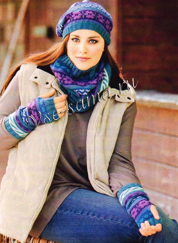 Комплект спицами - пончо, шапка, хомут и митенки, рисунок