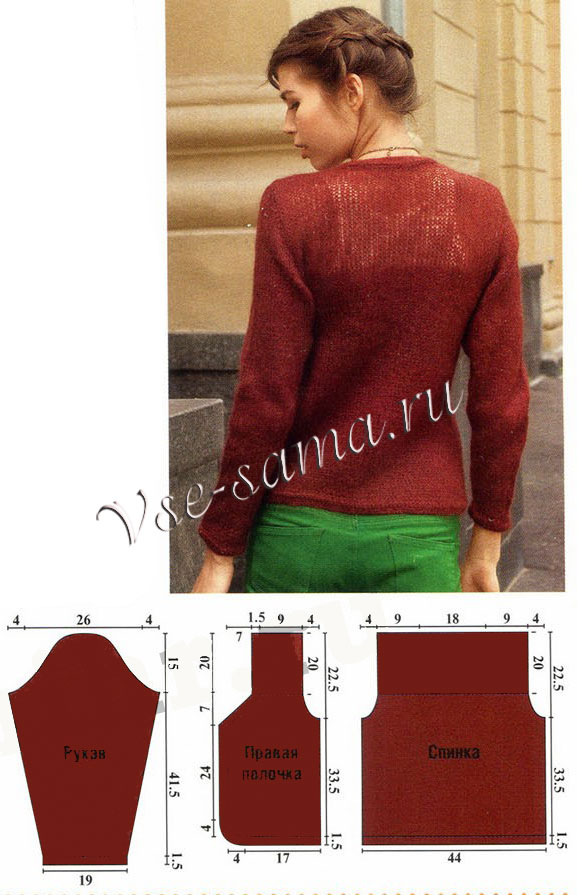 Коричневый жакет спицами из пряжи с мохером, выкройка