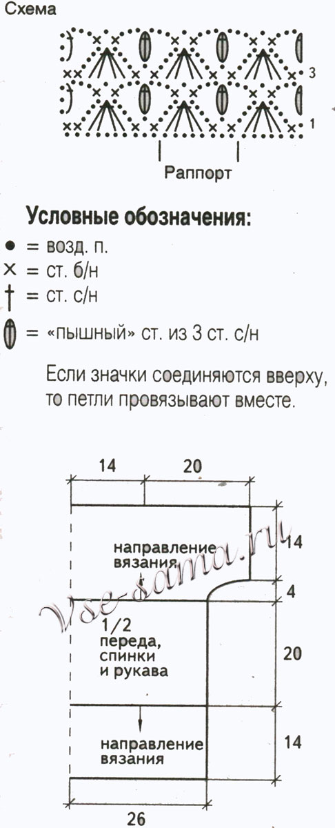 Меланжевый пуловер спицами и крючком, выкройка