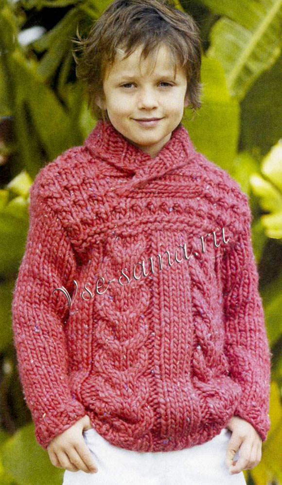 Мужской и детский пуловер с косами спицами, 2