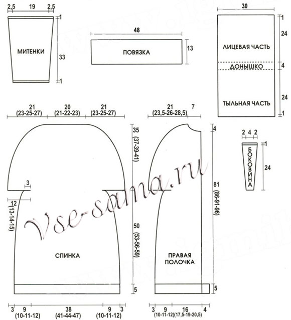 Пальто, митенки, полоска на голову и сумка спицами, выкройка