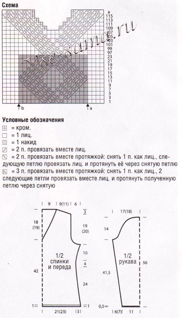 Пуловер спицами с V-образным вырезом, схема