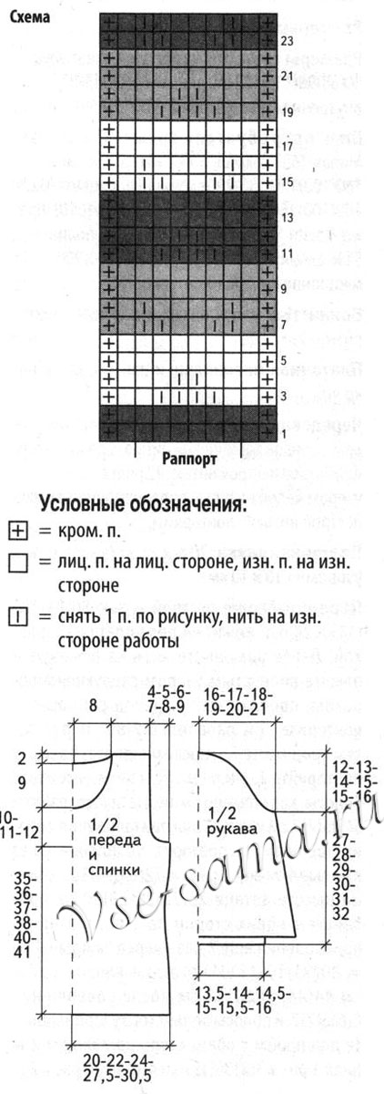 Пуловер спицами с рукавами 3/4, схема