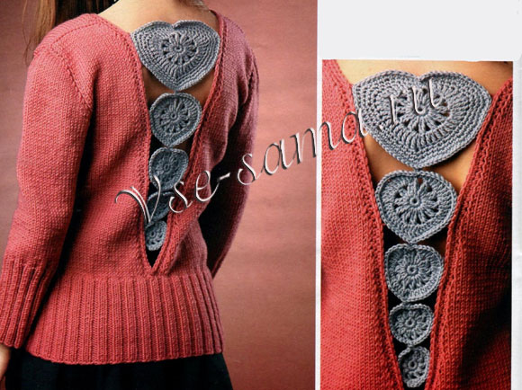 Пуловер спицами с сердечками, 2