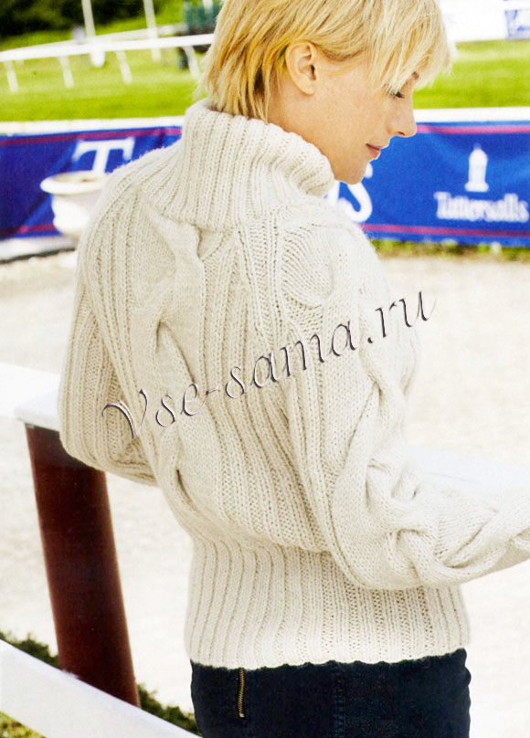 Пуловер спицами с широкими косами, вид со спины Пуловер спицами с широкими косами, вид со спины