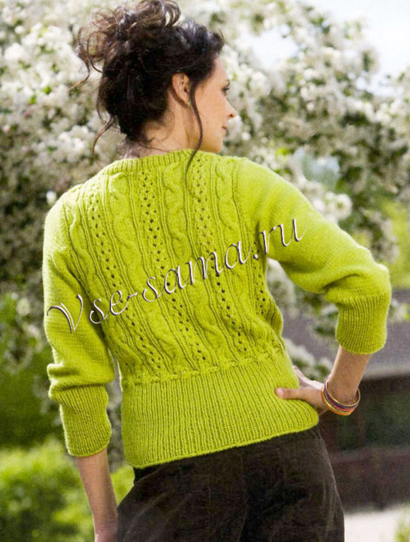 Светло-зеленый жакет спицами с баской, спинка