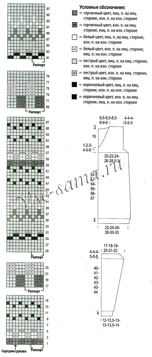 Удлиненный пуловер спицами с капюшоном, выкройка