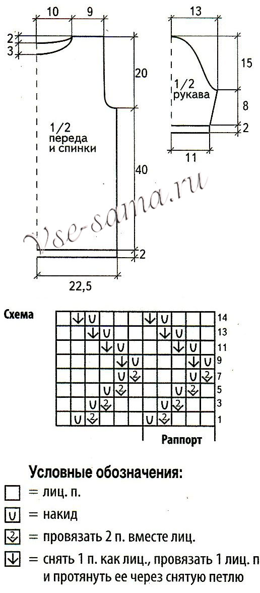 Зеленый пуловер спицами с короткими рукавами, схема