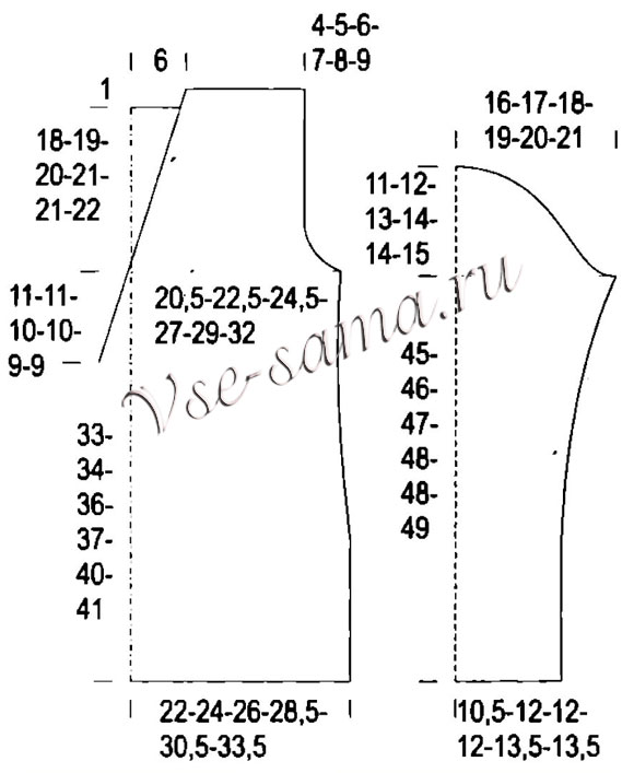 Выкройка для вязания пуловера с V-образным вырезом