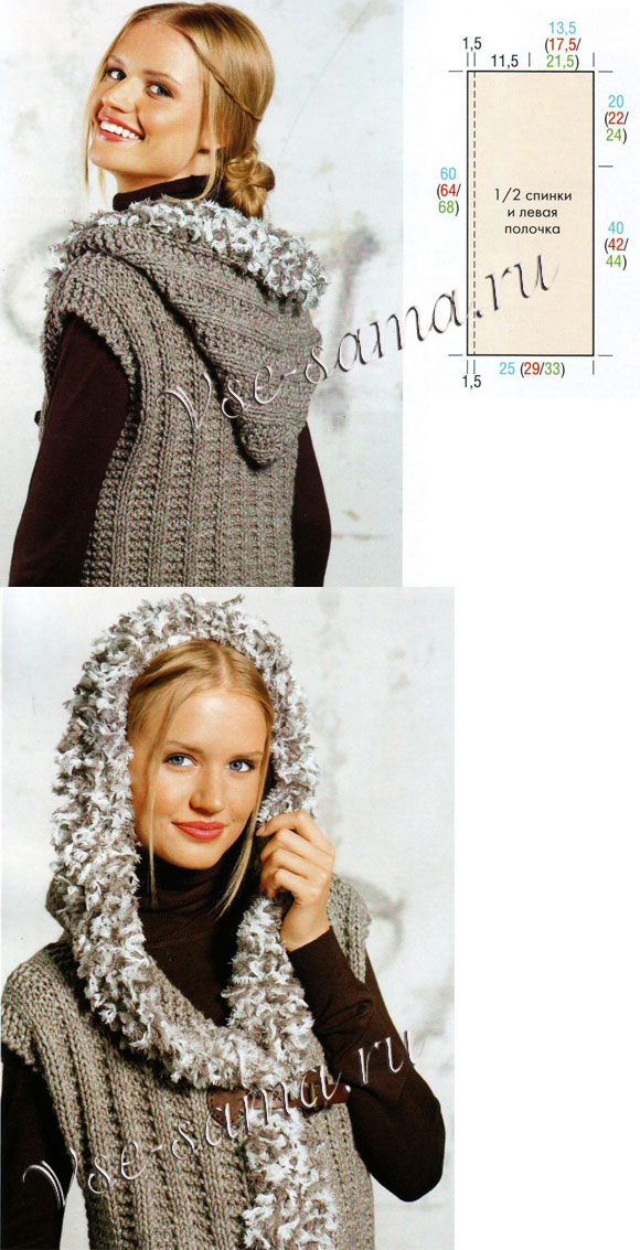 Жилет с капюшоном и бахромой, выкройка