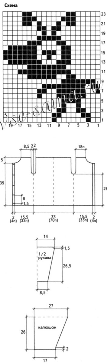 Двухцветный жакет с капюшоном, схема