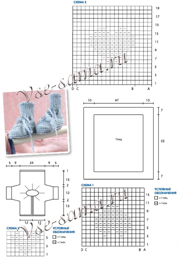Голубой пуловер, пинетки и плед, схема