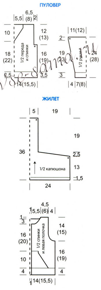 Жилет с капюшоном и полосатый пуловер, выкройка
