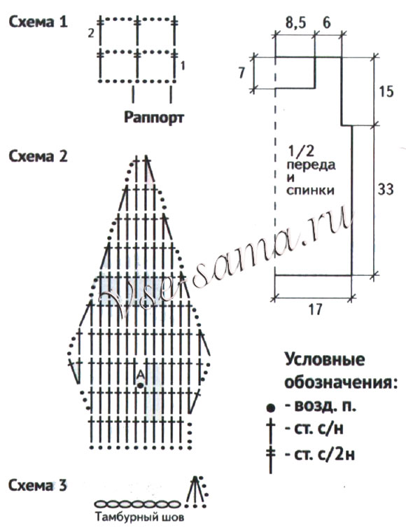 Схемы и выкройка для вязания майки-сетки с корабликами