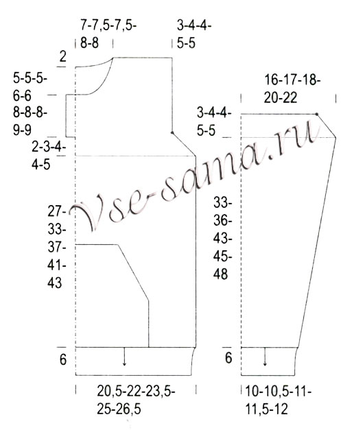 Выкройка для вязания пуловера с капюшоном