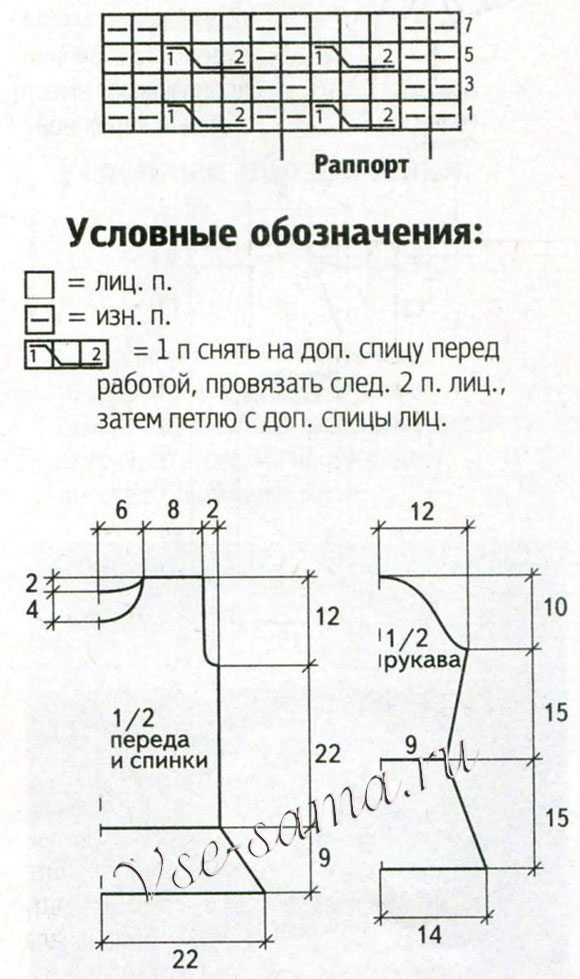 Схема и выкройка для язания пуловера с отделкой