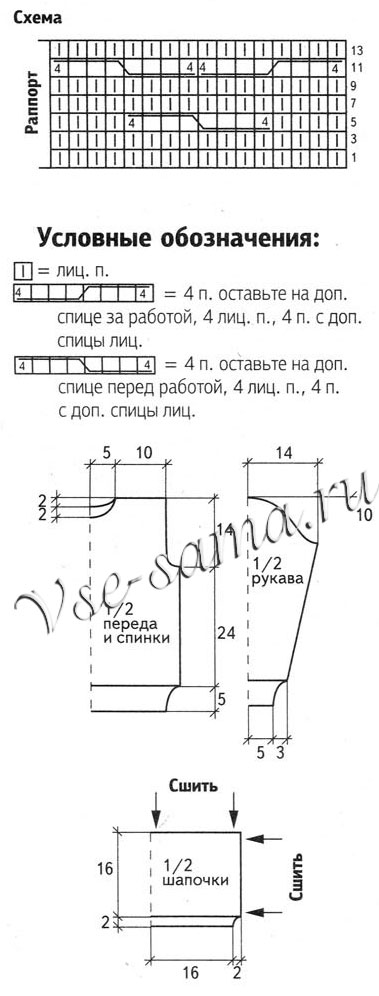 Пуловер с косой и шапка, схема