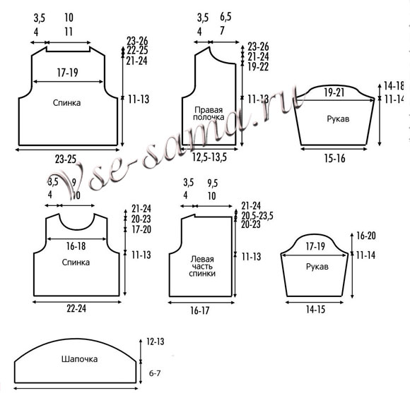 Жакет, пуловер, шапочка, пинетки, выкройка