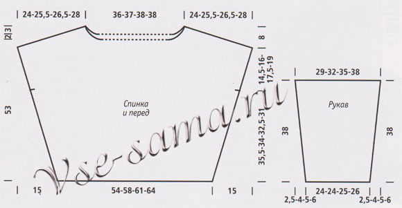 Меланжевый пуловер и шапка спицами, выкройка