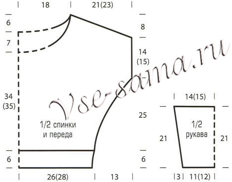 Пуловер-кимоно спицами, выкройка