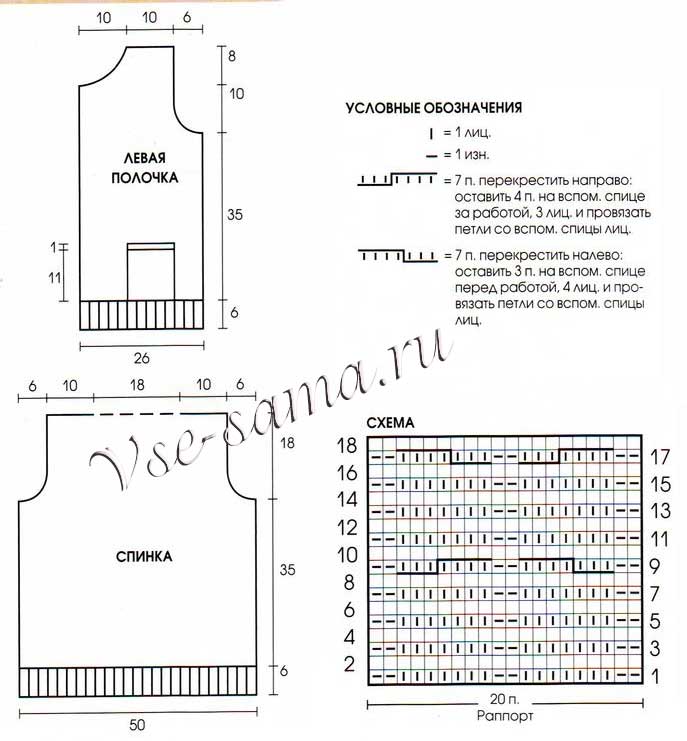 Схема для вязания бежевого жилета с косами Схема для вязания бежевого жилета с косами