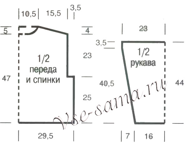 Схема для вязания полосатого пуловера в синих тонах Схема для вязания полосатого пуловера в синих тонах