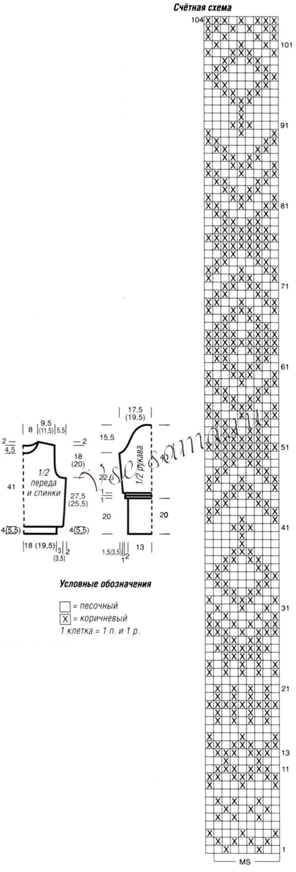 Пуловер с жаккардовым узором песочно-коричневого цвета, схема