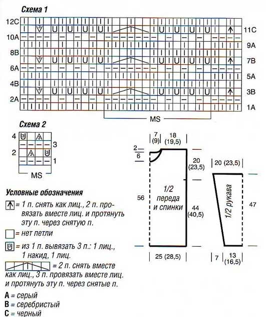 Схема вязания пуловера в серых тонах с волнистым узором Схема вязания пуловера в серых тонах с волнистым узором