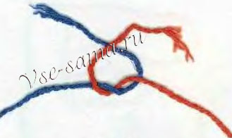 Вновь положите конец нити, находящейся в правой руке, поверх конца нити, находящейся в левой руке  Вновь положите конец нити, находящейся в правой руке, поверх конца нити, находящейся в левой руке
