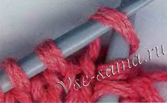 Ввести острие правой спицы внутрь первой петли как при лицевом вязании Ввести острие правой спицы внутрь первой петли как при лицевом вязании
