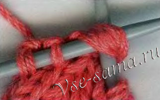 Внести острие правой спицы с лицевой стороны внутрь третьей, второй и первой петель Внести острие правой спицы с лицевой стороны внутрь третьей, второй и первой петель