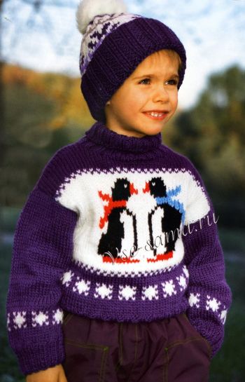 Свитер и шапочка с рисунком пингвины, фото Свитер и шапочка с рисунком пингвины, фото