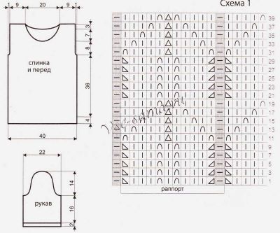 Схема и выкройка для вязания голубого топа Схема и выкройка для вязания голубого топа