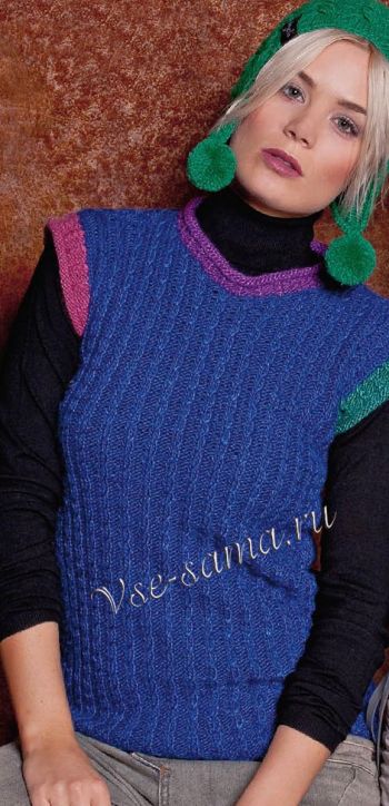 Синяя безрукавка спицами, фото Синяя безрукавка спицами, фото