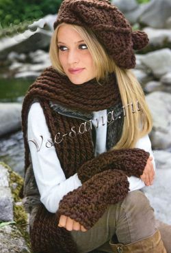 Шапка, шарф и митенки крупной вязки Шапка, шарф и митенки крупной вязки