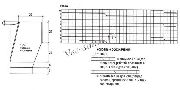 Схема вязания безрукавки с V-образным вырезом и объемным беретом Схема вязания безрукавки с V-образным вырезом и объемным беретом