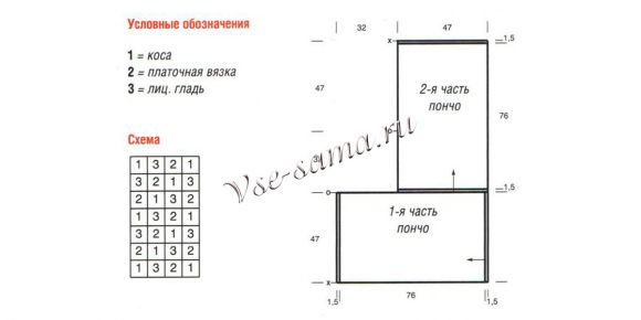 Схема вязания узорчатого пончо с длинной бахромой Схема вязания узорчатого пончо с длинной бахромой