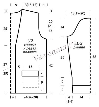 Выкройка для вязания кардигана с карманами Выкройка для вязания кардигана с карманами